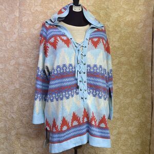 Tasha Polizzi Womens Sz Small Blue Aztec Folk Top 100% Cotton Lt Sweater Lace Up